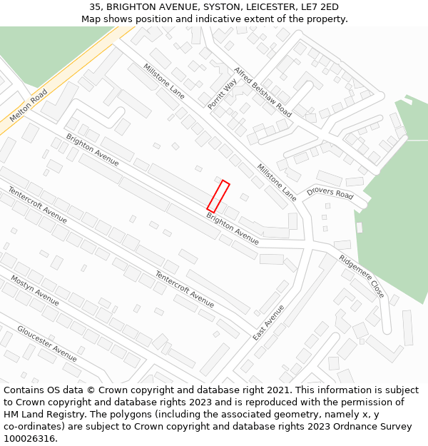 35, BRIGHTON AVENUE, SYSTON, LEICESTER, LE7 2ED: Location map and indicative extent of plot