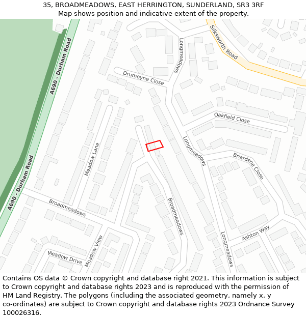 35, BROADMEADOWS, EAST HERRINGTON, SUNDERLAND, SR3 3RF: Location map and indicative extent of plot