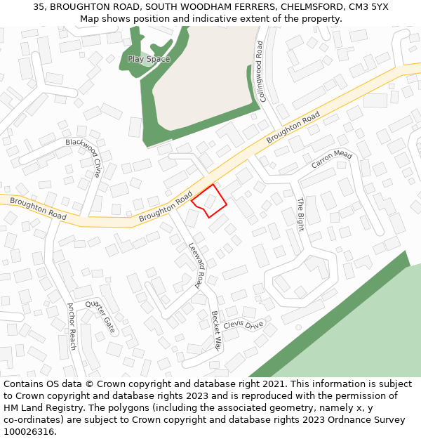 35, BROUGHTON ROAD, SOUTH WOODHAM FERRERS, CHELMSFORD, CM3 5YX: Location map and indicative extent of plot