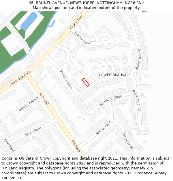 35, BRUNEL AVENUE, NEWTHORPE, NOTTINGHAM, NG16 3NH: Location map and indicative extent of plot
