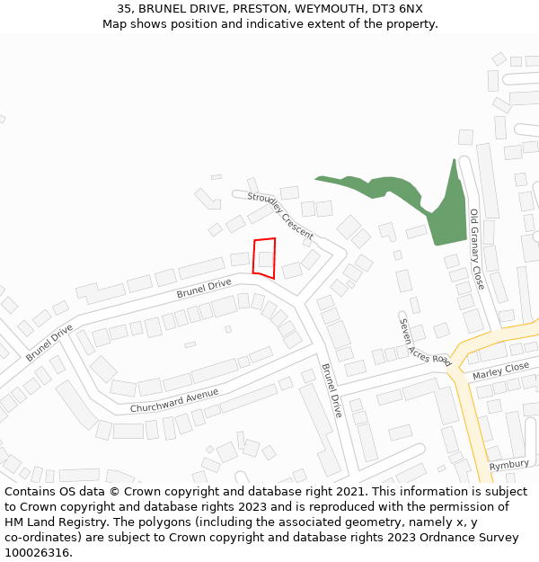 35, BRUNEL DRIVE, PRESTON, WEYMOUTH, DT3 6NX: Location map and indicative extent of plot