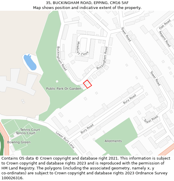 35, BUCKINGHAM ROAD, EPPING, CM16 5AF: Location map and indicative extent of plot