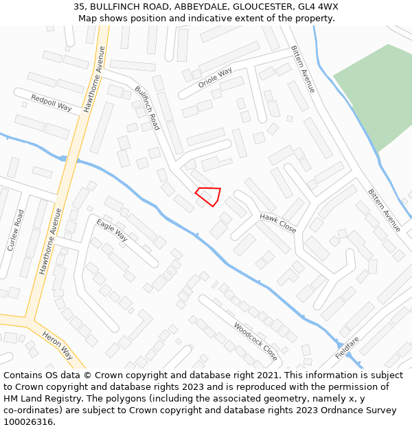 35, BULLFINCH ROAD, ABBEYDALE, GLOUCESTER, GL4 4WX: Location map and indicative extent of plot