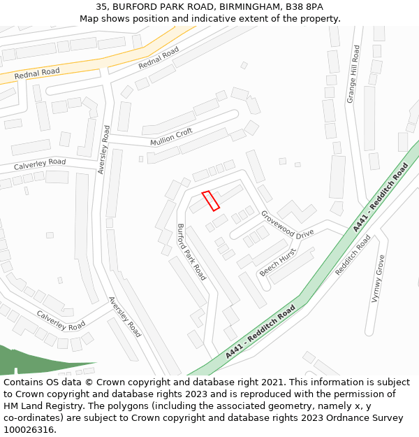 35, BURFORD PARK ROAD, BIRMINGHAM, B38 8PA: Location map and indicative extent of plot
