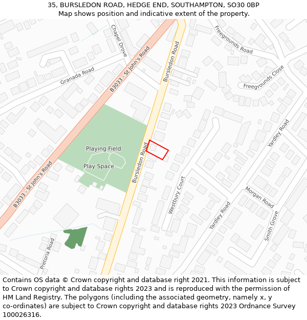 35, BURSLEDON ROAD, HEDGE END, SOUTHAMPTON, SO30 0BP: Location map and indicative extent of plot