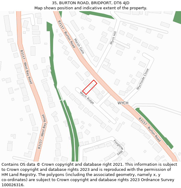 35, BURTON ROAD, BRIDPORT, DT6 4JD: Location map and indicative extent of plot