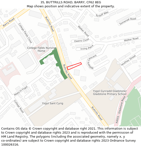 35, BUTTRILLS ROAD, BARRY, CF62 8EG: Location map and indicative extent of plot