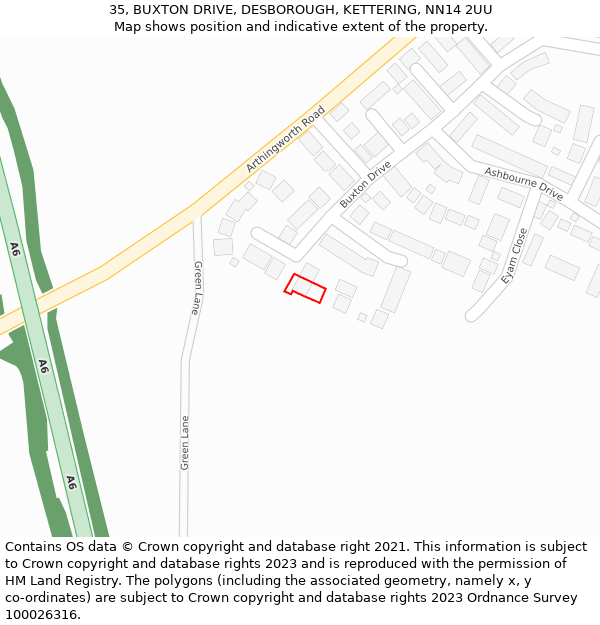 35, BUXTON DRIVE, DESBOROUGH, KETTERING, NN14 2UU: Location map and indicative extent of plot