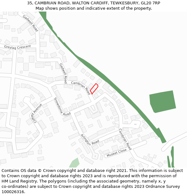 35, CAMBRIAN ROAD, WALTON CARDIFF, TEWKESBURY, GL20 7RP: Location map and indicative extent of plot