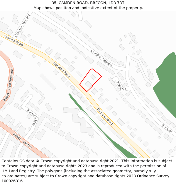 35, CAMDEN ROAD, BRECON, LD3 7RT: Location map and indicative extent of plot