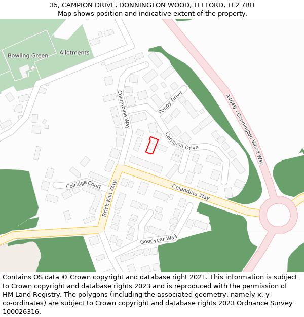 35, CAMPION DRIVE, DONNINGTON WOOD, TELFORD, TF2 7RH: Location map and indicative extent of plot