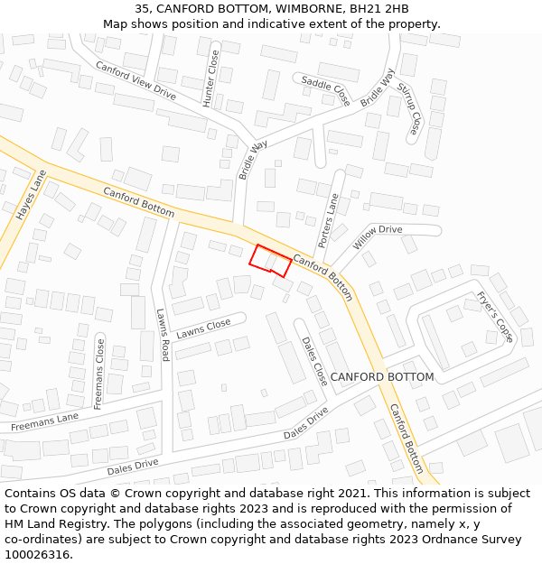 35, CANFORD BOTTOM, WIMBORNE, BH21 2HB: Location map and indicative extent of plot