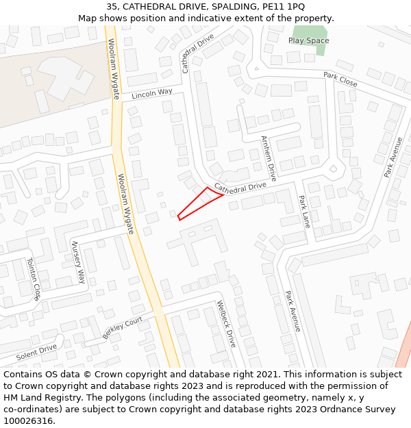 35, CATHEDRAL DRIVE, SPALDING, PE11 1PQ: Location map and indicative extent of plot