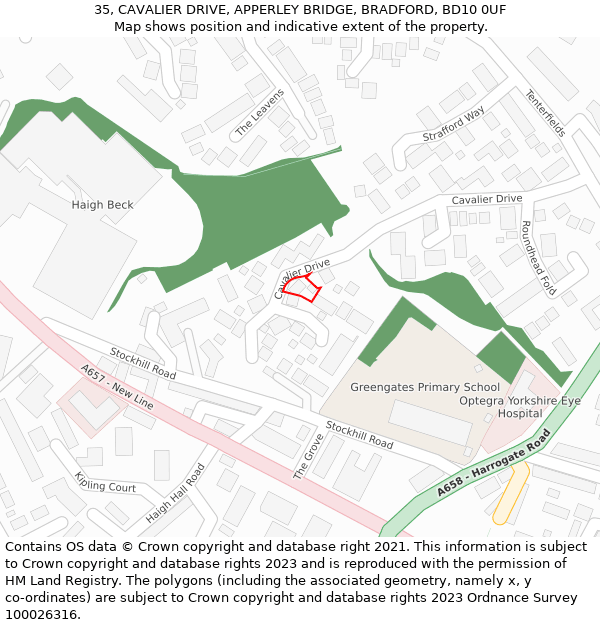 35, CAVALIER DRIVE, APPERLEY BRIDGE, BRADFORD, BD10 0UF: Location map and indicative extent of plot