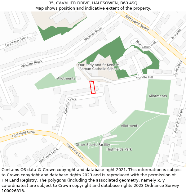 35, CAVALIER DRIVE, HALESOWEN, B63 4SQ: Location map and indicative extent of plot