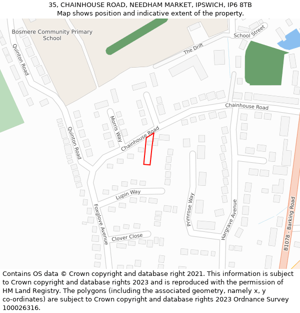 35, CHAINHOUSE ROAD, NEEDHAM MARKET, IPSWICH, IP6 8TB: Location map and indicative extent of plot