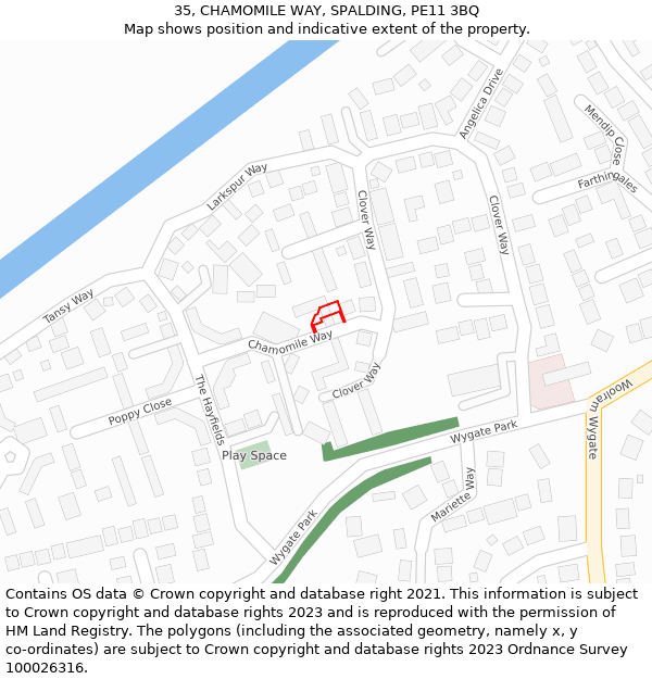 35, CHAMOMILE WAY, SPALDING, PE11 3BQ: Location map and indicative extent of plot