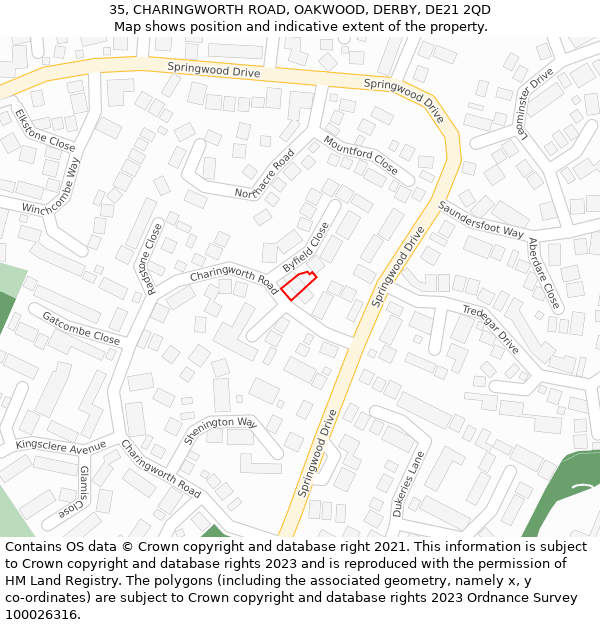 35, CHARINGWORTH ROAD, OAKWOOD, DERBY, DE21 2QD: Location map and indicative extent of plot