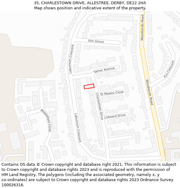 35, CHARLESTOWN DRIVE, ALLESTREE, DERBY, DE22 2HA: Location map and indicative extent of plot