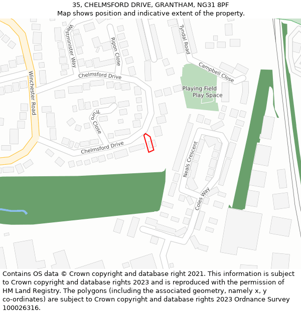 35, CHELMSFORD DRIVE, GRANTHAM, NG31 8PF: Location map and indicative extent of plot