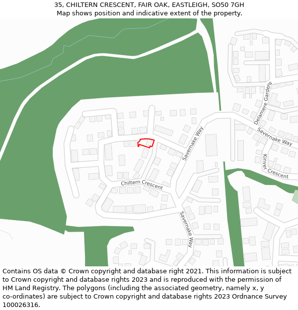 35, CHILTERN CRESCENT, FAIR OAK, EASTLEIGH, SO50 7GH: Location map and indicative extent of plot