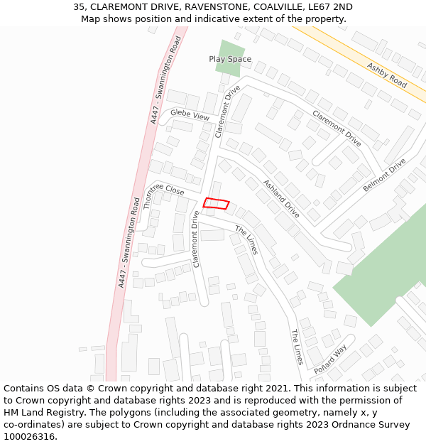 35, CLAREMONT DRIVE, RAVENSTONE, COALVILLE, LE67 2ND: Location map and indicative extent of plot