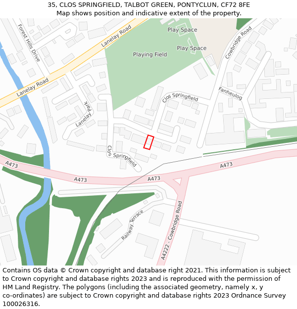 35, CLOS SPRINGFIELD, TALBOT GREEN, PONTYCLUN, CF72 8FE: Location map and indicative extent of plot