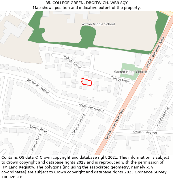 35, COLLEGE GREEN, DROITWICH, WR9 8QY: Location map and indicative extent of plot