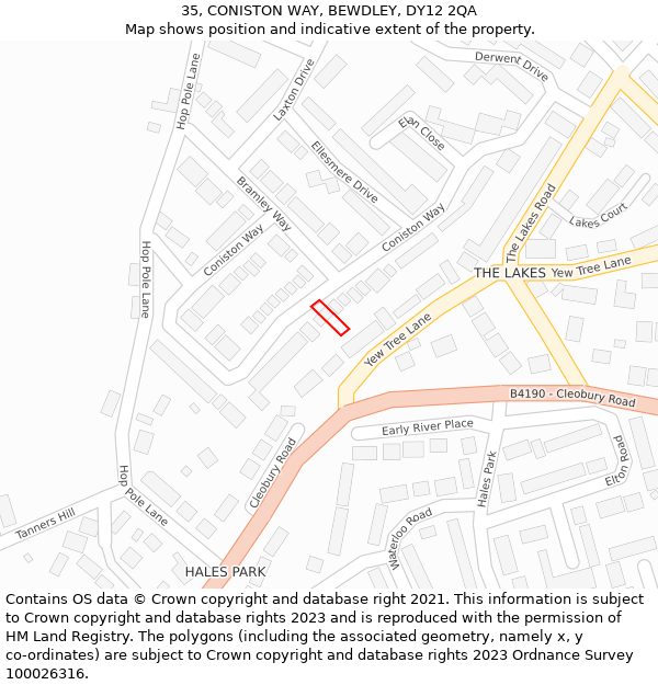 35, CONISTON WAY, BEWDLEY, DY12 2QA: Location map and indicative extent of plot