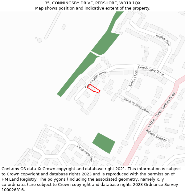 35, CONNINGSBY DRIVE, PERSHORE, WR10 1QX: Location map and indicative extent of plot
