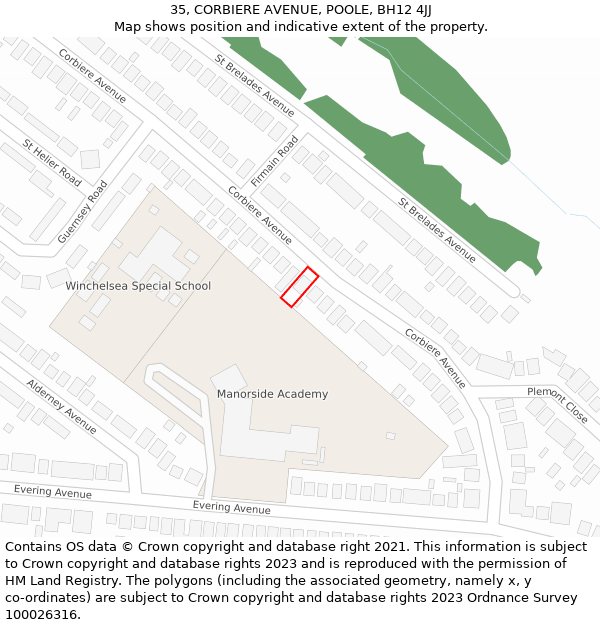 35, CORBIERE AVENUE, POOLE, BH12 4JJ: Location map and indicative extent of plot