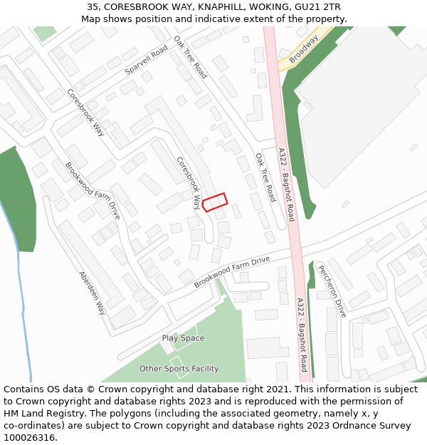 35, CORESBROOK WAY, KNAPHILL, WOKING, GU21 2TR: Location map and indicative extent of plot