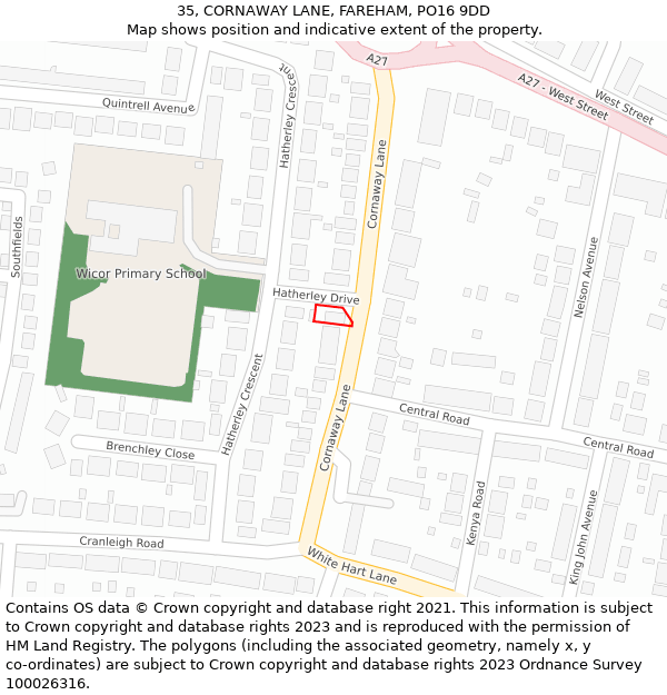 35, CORNAWAY LANE, FAREHAM, PO16 9DD: Location map and indicative extent of plot