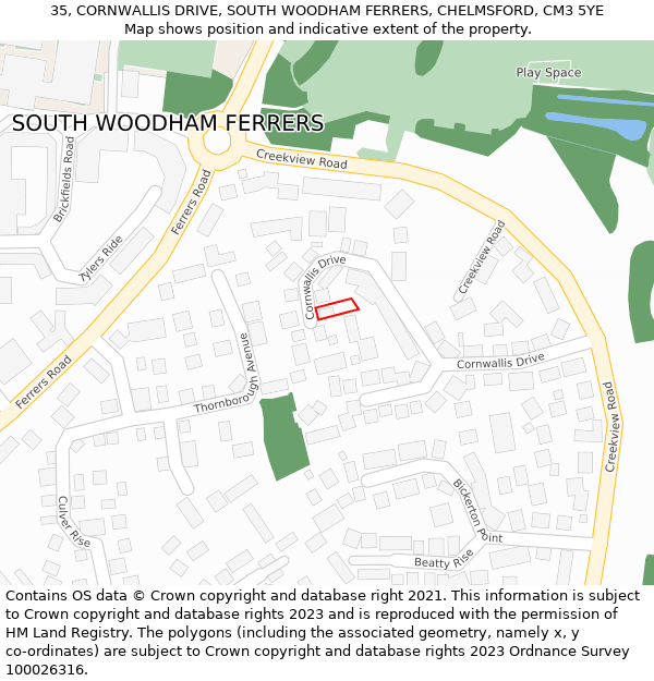 35, CORNWALLIS DRIVE, SOUTH WOODHAM FERRERS, CHELMSFORD, CM3 5YE: Location map and indicative extent of plot