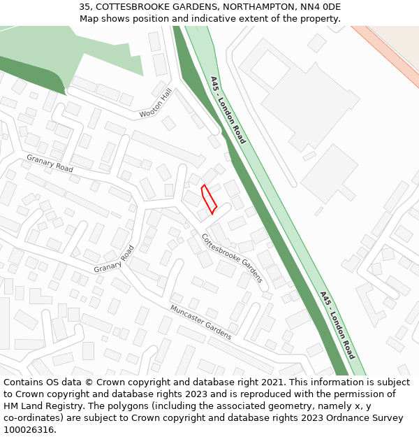 35, COTTESBROOKE GARDENS, NORTHAMPTON, NN4 0DE: Location map and indicative extent of plot