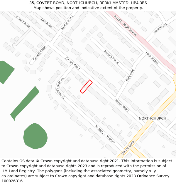 35, COVERT ROAD, NORTHCHURCH, BERKHAMSTED, HP4 3RS: Location map and indicative extent of plot