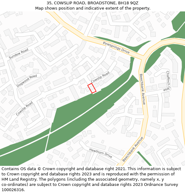 35, COWSLIP ROAD, BROADSTONE, BH18 9QZ: Location map and indicative extent of plot