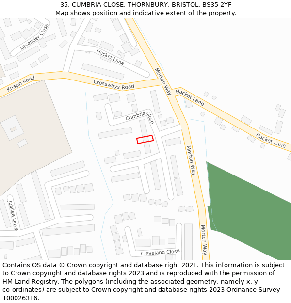 35, CUMBRIA CLOSE, THORNBURY, BRISTOL, BS35 2YF: Location map and indicative extent of plot