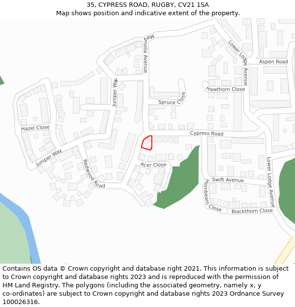 35, CYPRESS ROAD, RUGBY, CV21 1SA: Location map and indicative extent of plot