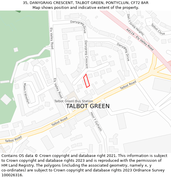 35, DANYGRAIG CRESCENT, TALBOT GREEN, PONTYCLUN, CF72 8AR: Location map and indicative extent of plot