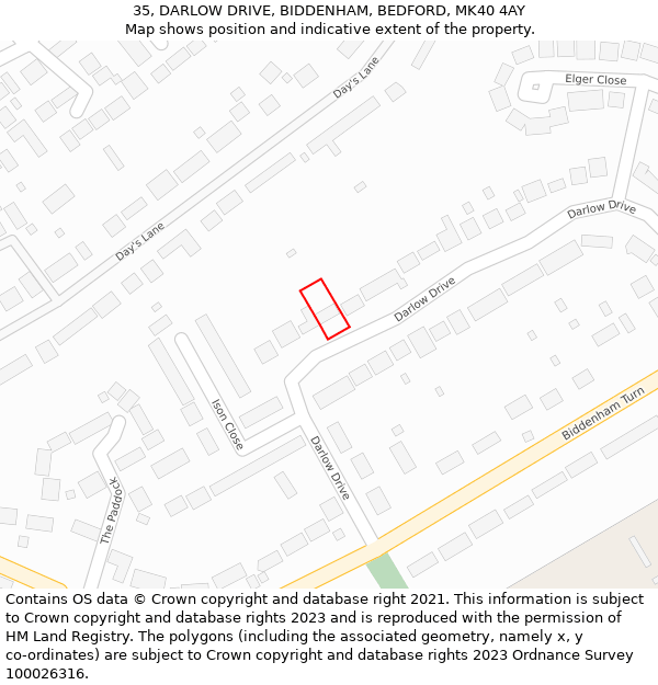 35, DARLOW DRIVE, BIDDENHAM, BEDFORD, MK40 4AY: Location map and indicative extent of plot