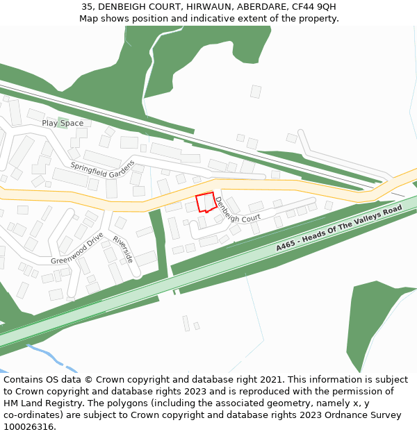 35, DENBEIGH COURT, HIRWAUN, ABERDARE, CF44 9QH: Location map and indicative extent of plot