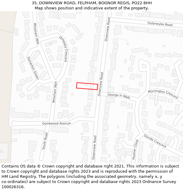 35, DOWNVIEW ROAD, FELPHAM, BOGNOR REGIS, PO22 8HH: Location map and indicative extent of plot