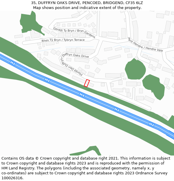 35, DUFFRYN OAKS DRIVE, PENCOED, BRIDGEND, CF35 6LZ: Location map and indicative extent of plot