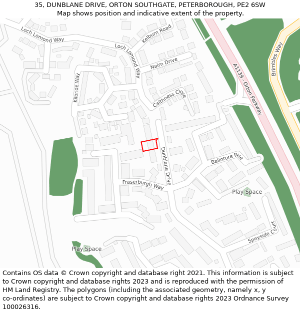 35, DUNBLANE DRIVE, ORTON SOUTHGATE, PETERBOROUGH, PE2 6SW: Location map and indicative extent of plot