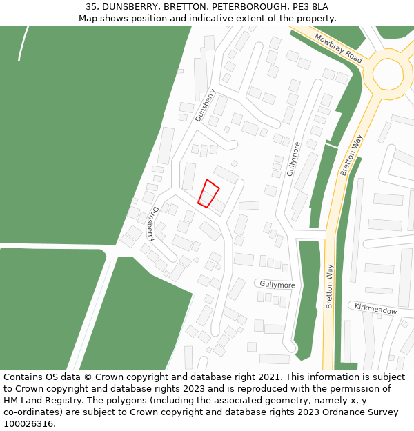 35, DUNSBERRY, BRETTON, PETERBOROUGH, PE3 8LA: Location map and indicative extent of plot