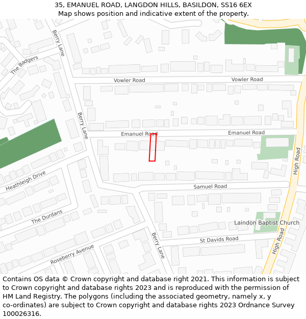 35, EMANUEL ROAD, LANGDON HILLS, BASILDON, SS16 6EX: Location map and indicative extent of plot