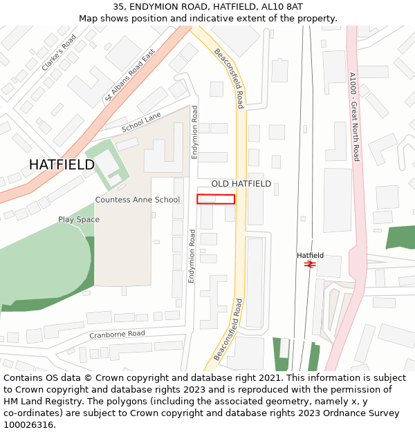 35, ENDYMION ROAD, HATFIELD, AL10 8AT: Location map and indicative extent of plot