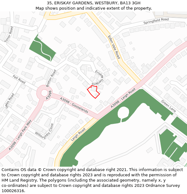 35, ERISKAY GARDENS, WESTBURY, BA13 3GH: Location map and indicative extent of plot