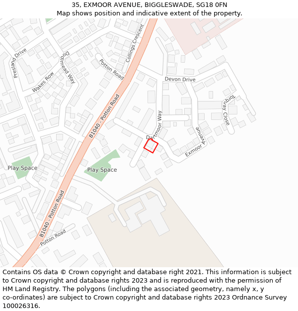 35, EXMOOR AVENUE, BIGGLESWADE, SG18 0FN: Location map and indicative extent of plot